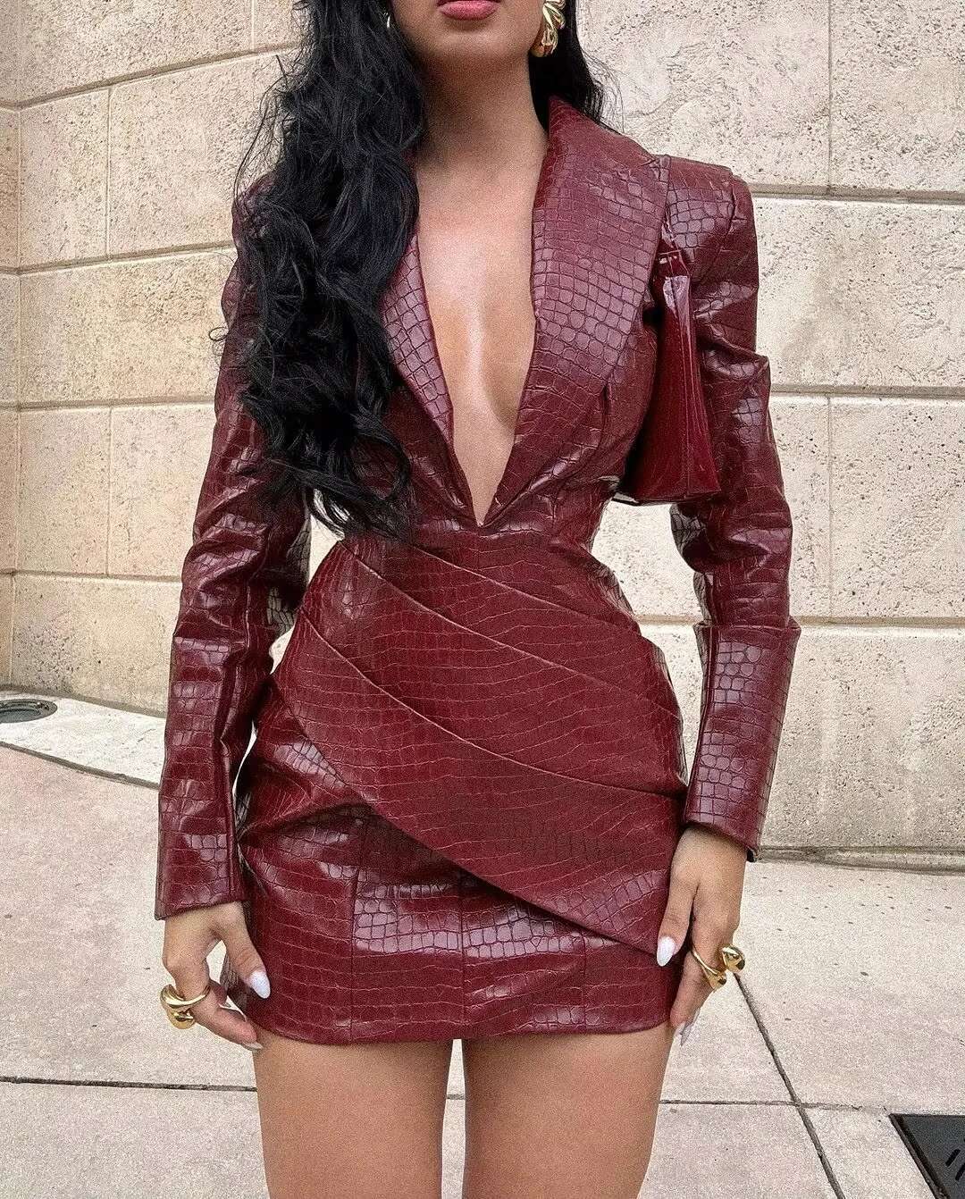 Sexy Deep V-Neck Mini Dress Women Long Sleeve High Waist Fold Pleat Female Dresses 2024 Fashion Slim Hip Package Lady Party Robe