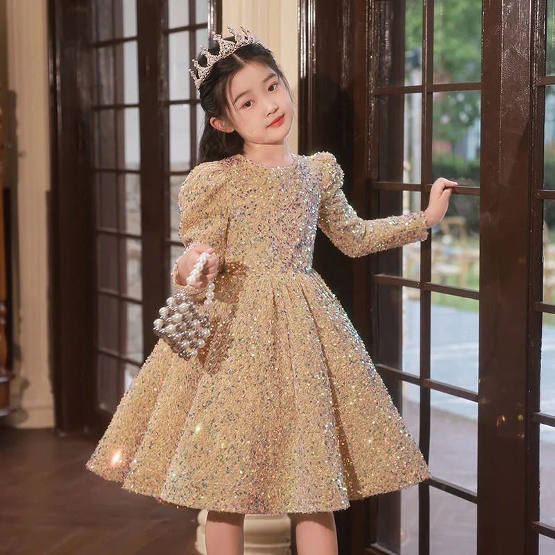 Girls Spring/Autumn and Winter Birthday Party Sequined Western Style Host Evening Dress Catwalk Piano Performance Princess 250107