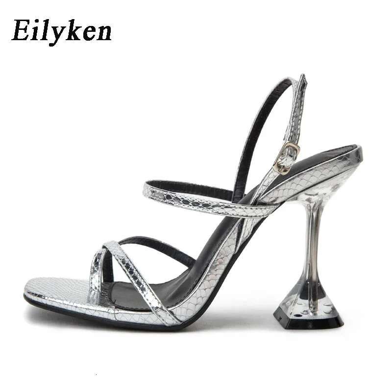 Eilykenfashion Sier Snake Grain Transparent Perspex High Heels Sandals Women Sexy Square Clip Toe Ankle Buckle Strap Shoes