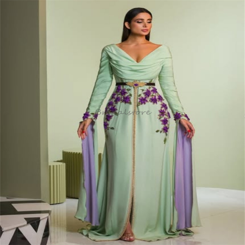 Gorgeous Mint Moroccan Evening Dress 2025 Turkish Arabian Abaya Prom Dress Applique Caftan Birthday Engagement Indian Party Dress Vestidos De Festa