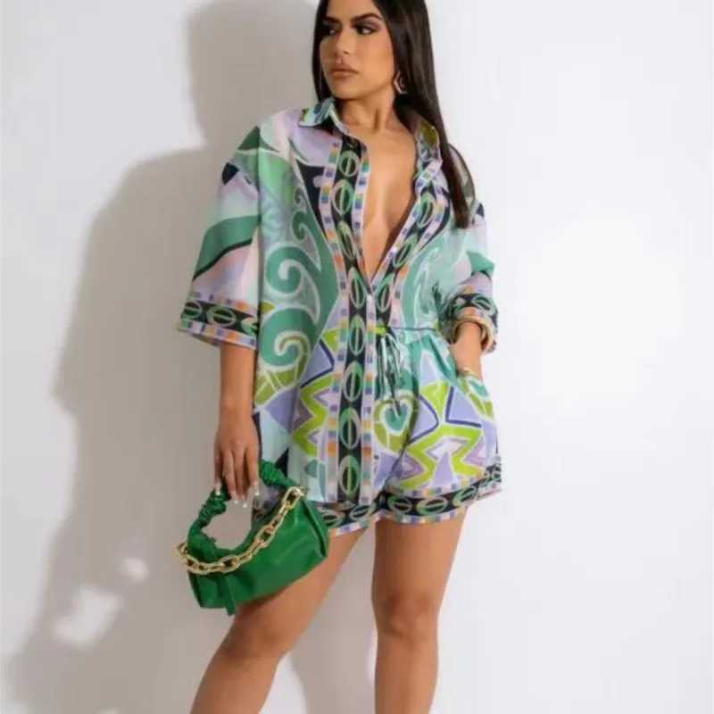Women Boho Pattern Printed Half Sve Loose Casual Shirt Shorts Suit Spring Summer Fashion Two 2 Piece Set Outfits TracksuitXJ250106