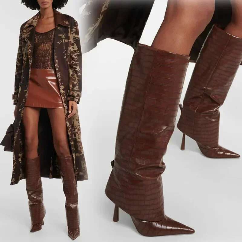 European American 2024 New High Tube Loose Pants Boot Pointed Toe Fish Pattern Slim Heels Not Below The Knee Large Women's Boots