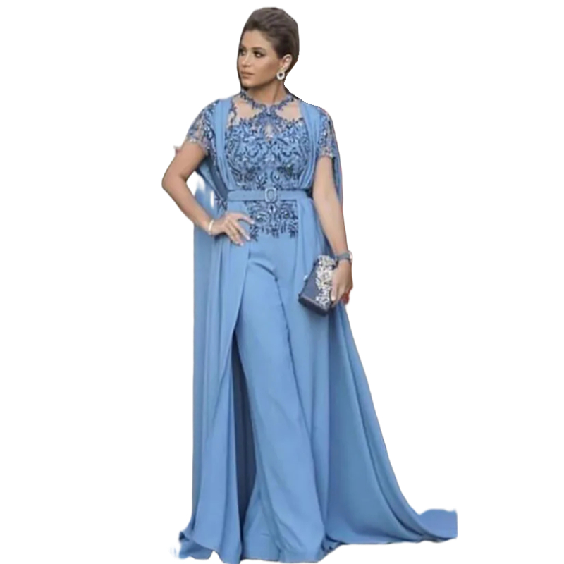 Modern Sky Blue Women Jumpsuits Evening Dresses With Cape Wrap Lace Appliques Elegant Formal Dress Celebrity Prom Gown 2025