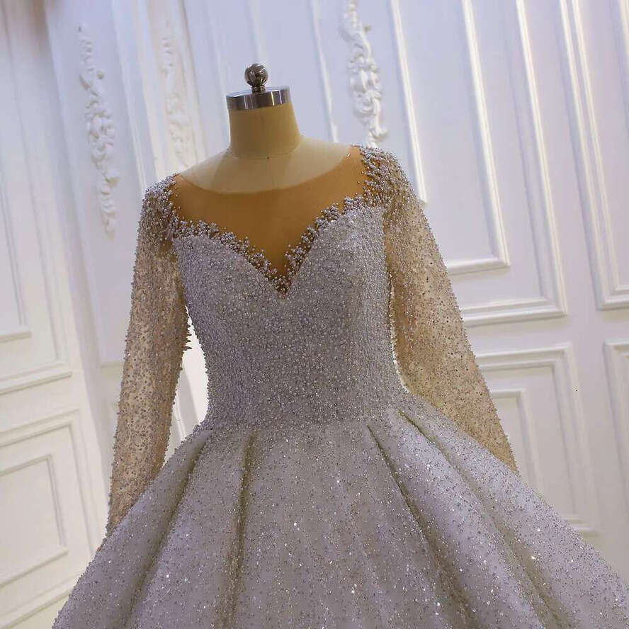 Stunning Full Pearls Long Sleeve Low Back Ball Gown Bridal Wedding Dress