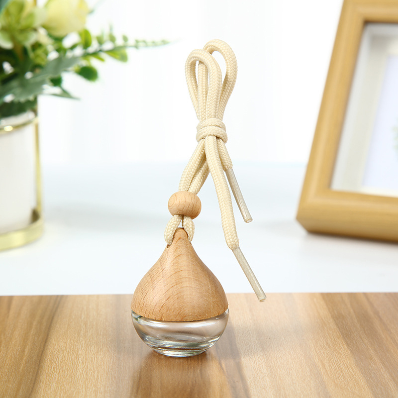 Water Droplet Shaped Essential Oils Diffusers Car Pendant Perfume Bottle Glass Ornaments Empty Bottles Wooden Lid Air Freshener Clear Frosted HW0401