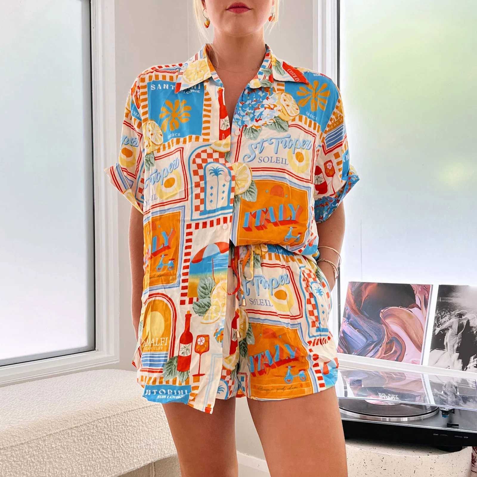 Imcute Womens Oversized 2 Piece Outfits Fashion Printed Short Sve Button Down Shirt Shorts Co Ord Set Summer BeachwearXJ250106