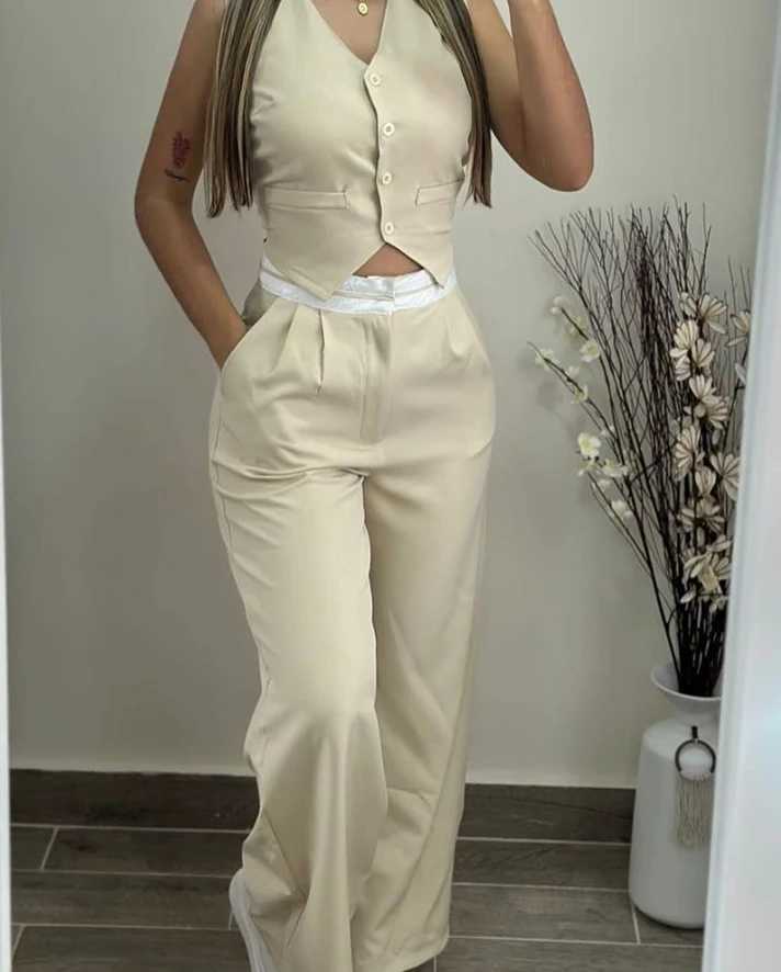 Hot Selling 2 Psc for Women 2024 Summer Casual Simple Solid Color Sveless V-Neck Buttoned Vest Top Pocket Design Pants SetXJ250106
