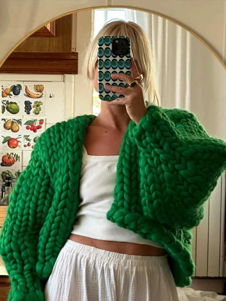 Coarse Twist Knit Womens Cardigan Rose Loose Long Lantern Sleeve V-neck Female Short Sweater 2024 Autumn Winter Lady Knitwear 241225