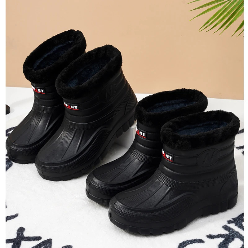 Winter Rain Boots Men Windproof Work Shoes Ankle EVA Rainboots Plush Warm Lightweight Black Slip On Anti-slip Wear-resistant 250106