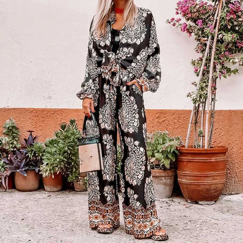 2025 New Long Sved Coat and Pants 2 Piece Set Casual Loose Bohemian Outfits Vintage Pattern Printed Straight Womens SuitsXJ250106