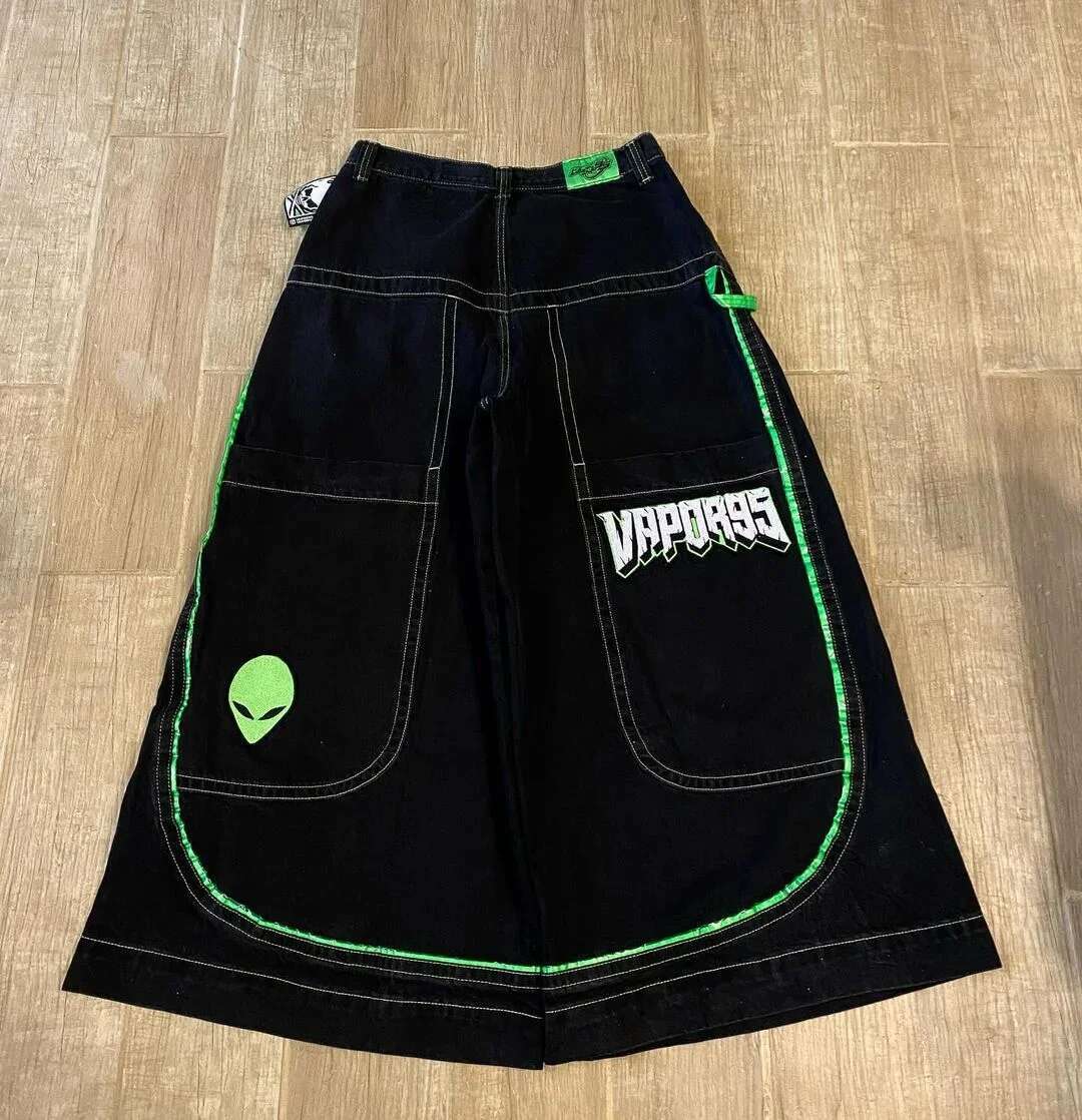 Gothic Retro Skull Print Trendy High Jeans For Men And Women Casual Straight Loose Washed Y2k Multifunctional Wide Leg Pants