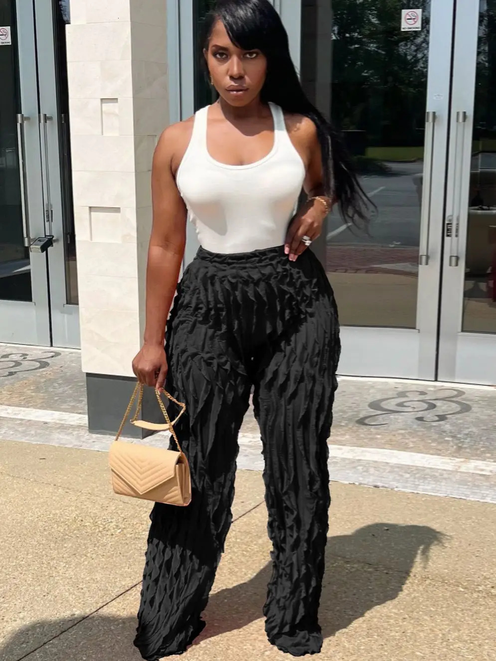 QFAF Women Wave Ruffles Splicing Wide Leg Pants Fashion Autumn streetwear see though Trousers 250106