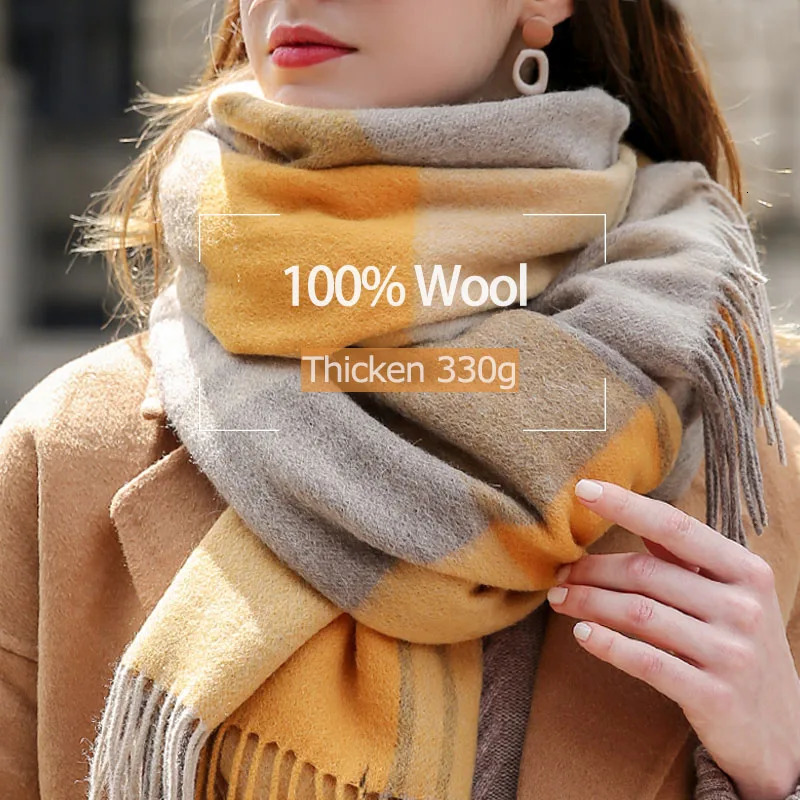 Winter 100% Lamb Wool Scarf Women Thicken Warm Shawls Wraps Checkered Pashmina Foulard Femme Plaid Cashmere Scarves 250106