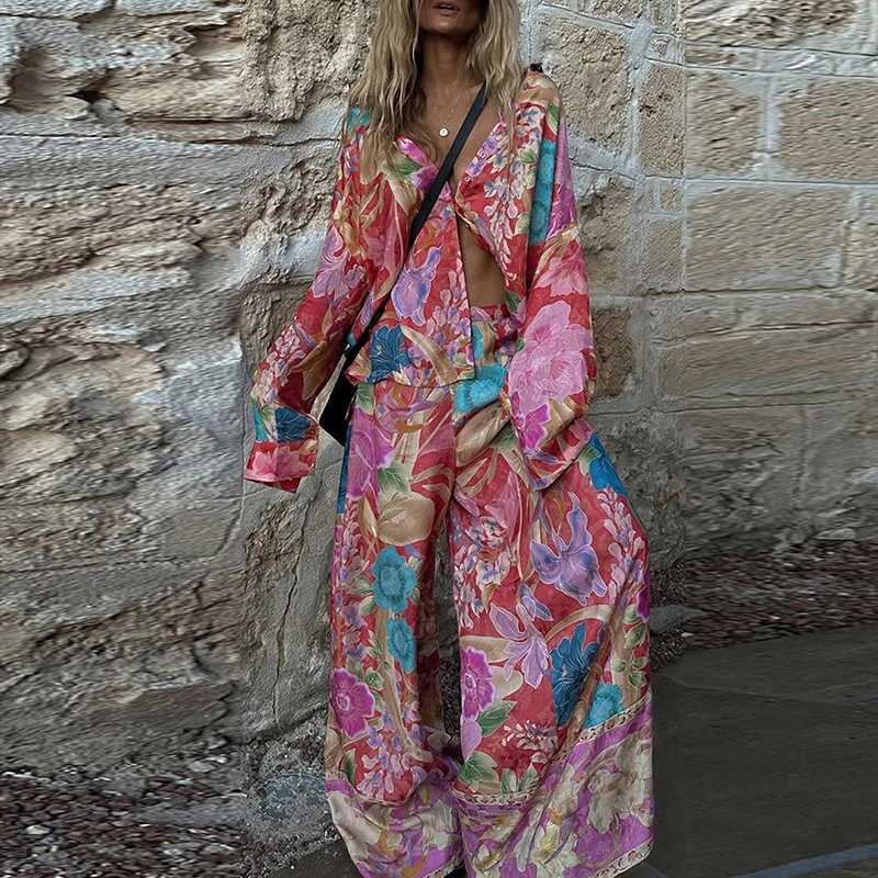 Lady Button Shirt and Long Pants Holiday Outfit Casual Floral Print Womens Two Piece Set Spring Summer 2025 Bohemian Loose SuitXJ250106