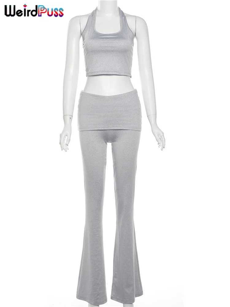 Weird Puss Casual 2piece Set Women Simple Stretch Solid Ele Sporty Halter Camisole+Flare Pants Matching Streetwear OutfitsXJ250106