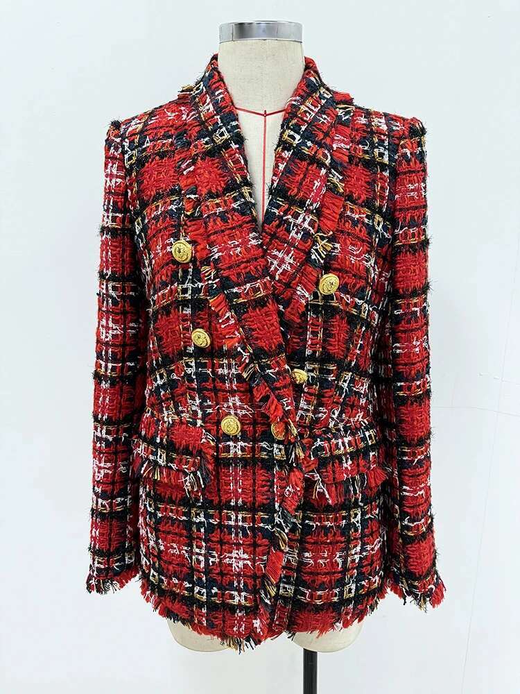 HIGH STREET Newest Fashion 2024 F/W Designer Women's Double Breasted Plaid Fringed Tweed Jacket