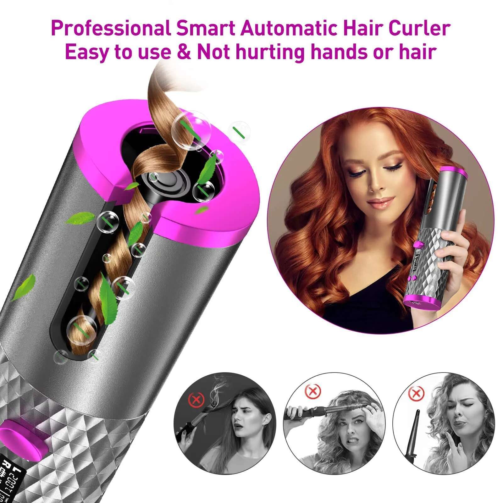 Cordless Curg Iron, USB Rechargeable, Ceramic Automatic Rotating Curler with 6 Temps, Portable Hair Dryer Styler,Timers