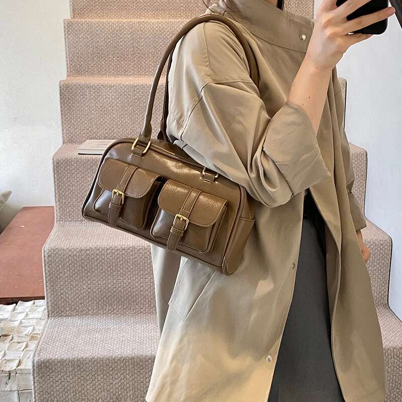 Ddmymarket Retro PU Leather Double Pockets Underarm Bags For Women 2024 Winter Y2K New Korean Fashion Female Shoulder Bag Handbags