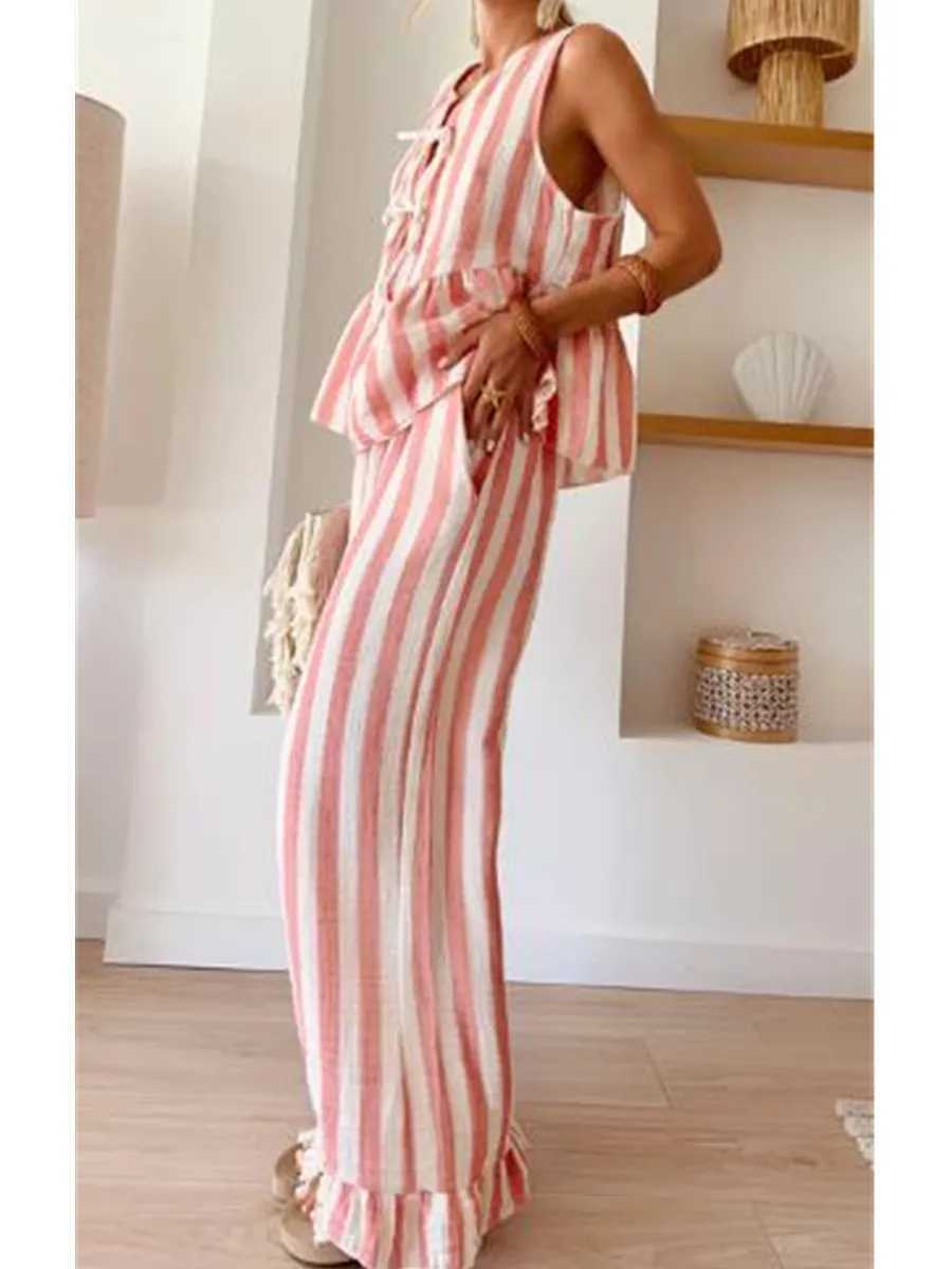 Striped Tie Waist Vest 2 Pieces Set Summer Casual Sveless Loose Tank Tops Elastic Waist Ruffles Hem Wide Leg Pants OutfitsXJ250106