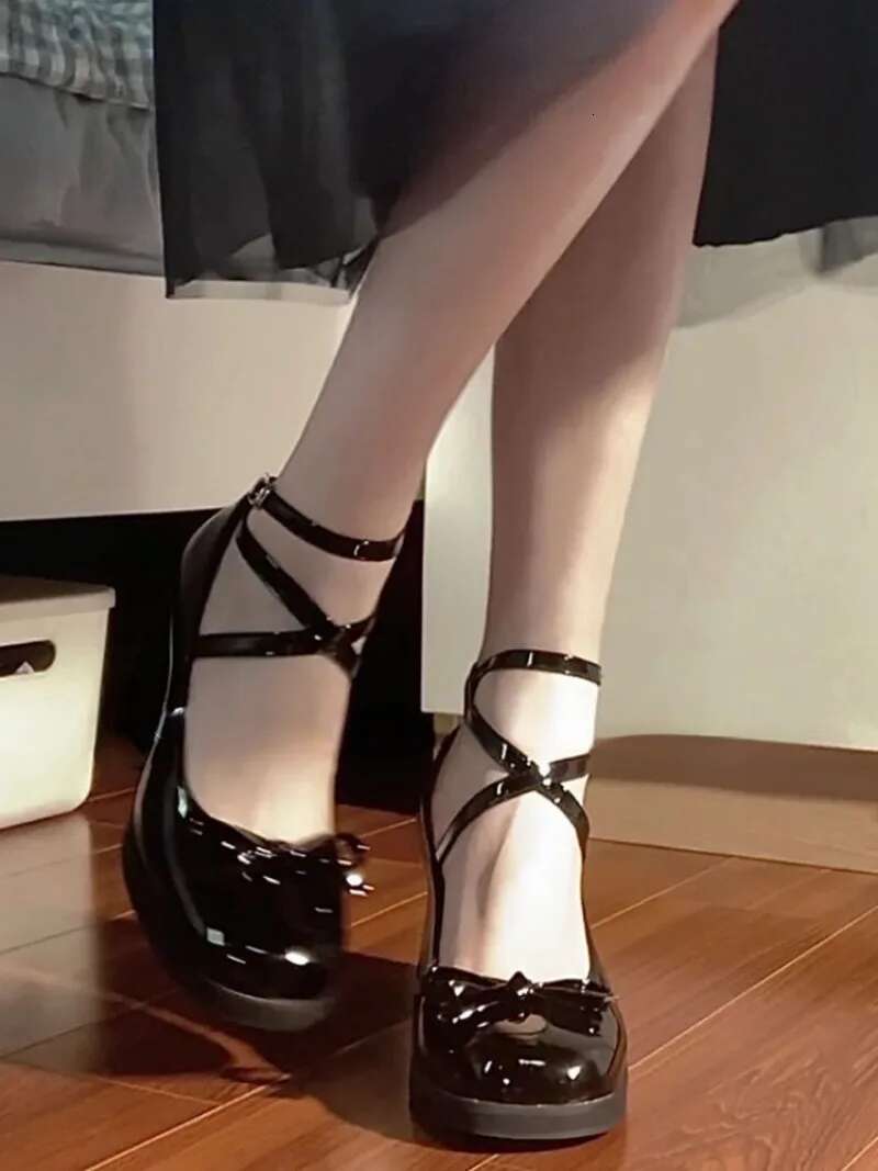 New Black Retro Cross-Tie Pumps Casual Summer Marry Janes Round Toe Ladies Lolita Sweet Fashion Shoes Woman Bow Design