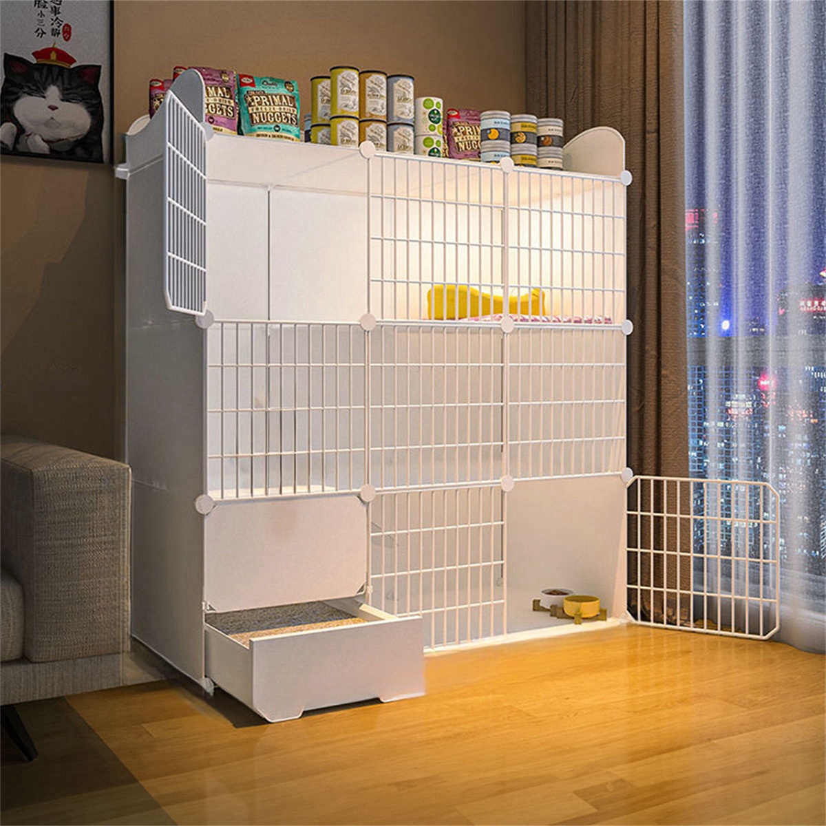 Indoor Multi-Level Cat Enclosure with Built-In Litter Pan - Large Size