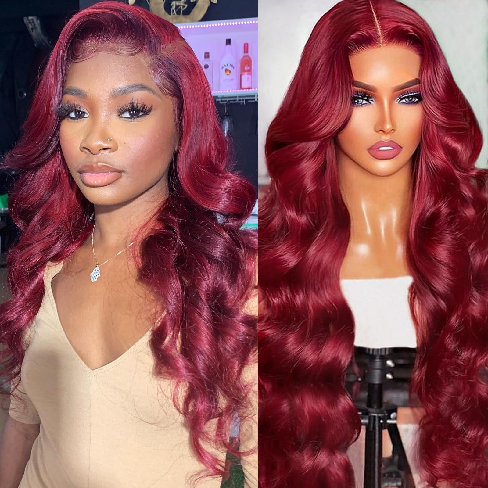 Burgundy Deep Wave Lace Front Wig 13x4 Highlight Lace Look Like Human Hair Wigs for Women Preplucked HD Transparent Synthetic Lace Closure Wig Glueles