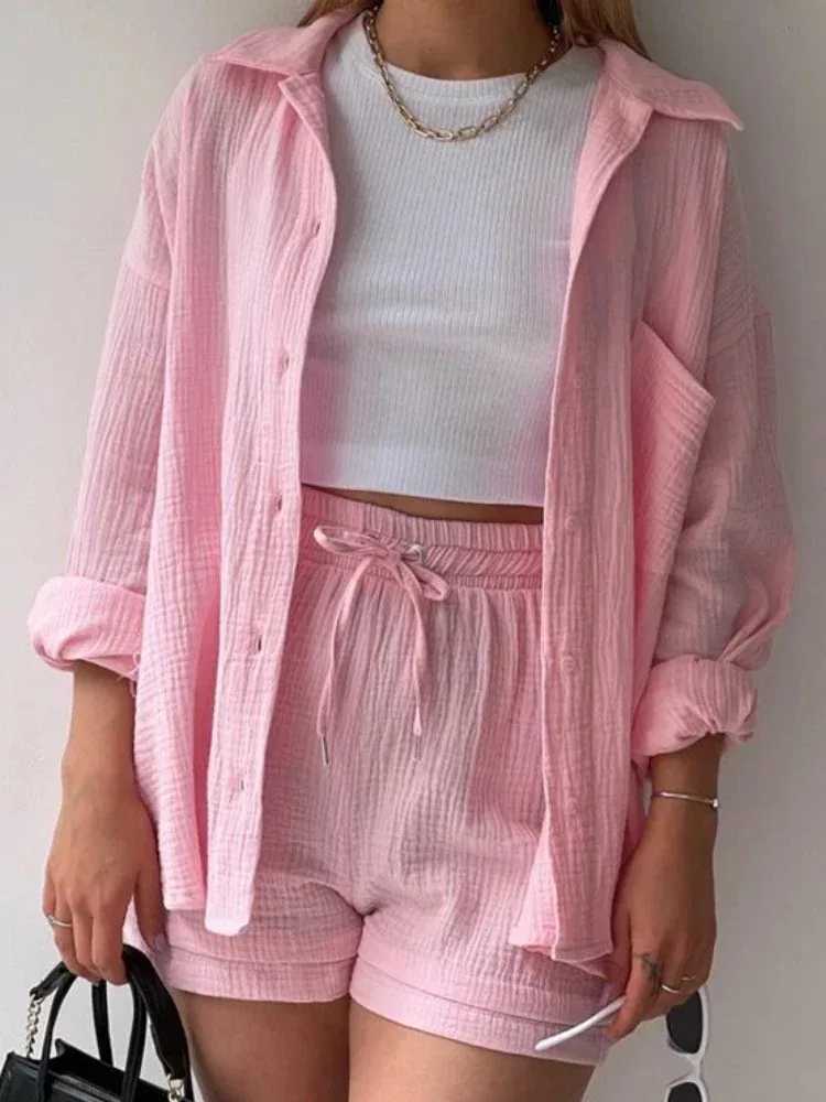 Summer Women Short Sets Outfits High Waisted Shorts Solid 2-pcs Set Casual Fe Clothing Solid Button Loose Suit StreetwearXJ250106