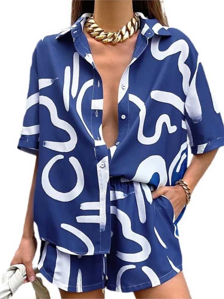 Casual Short Sve Shirt Shorts Set Office Lady Summer Geometric Print Tops Lace Up Pants Two Piece Set Women Outfit 2023XJ250106