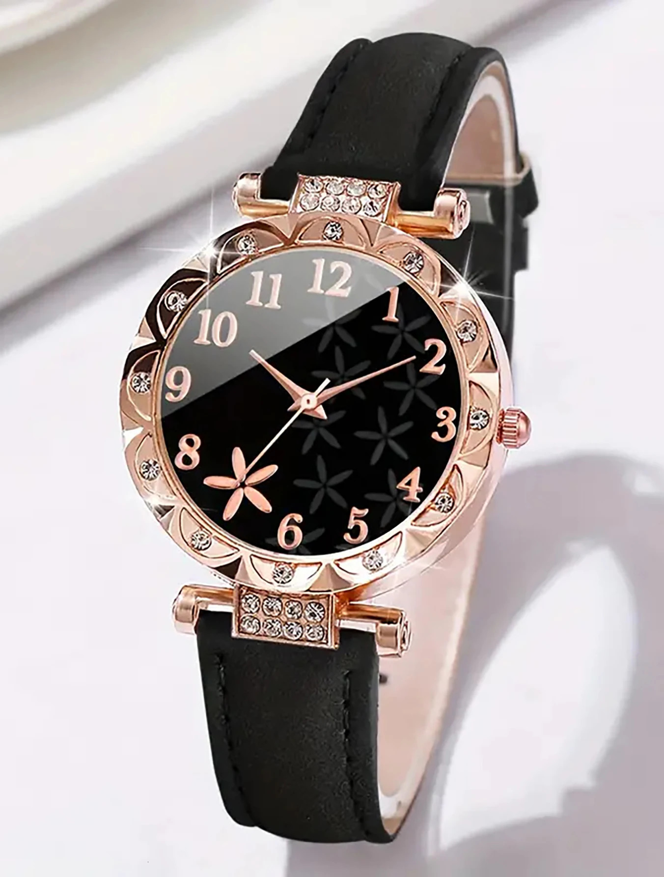 6PCS elegant black leaf plant print ladies quartz watch with feather Love bracelet set selected gift 241228