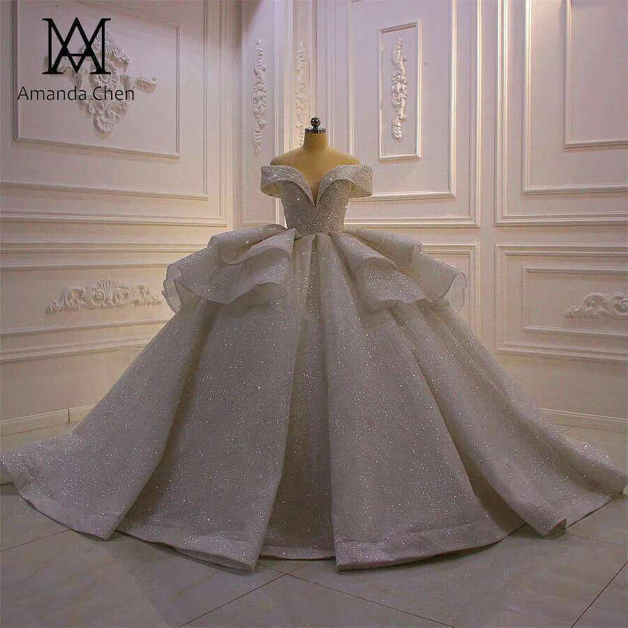 Robe Mariage Femme Off Shoulder Pleat Folds Glitter Shiny Wedding Dress