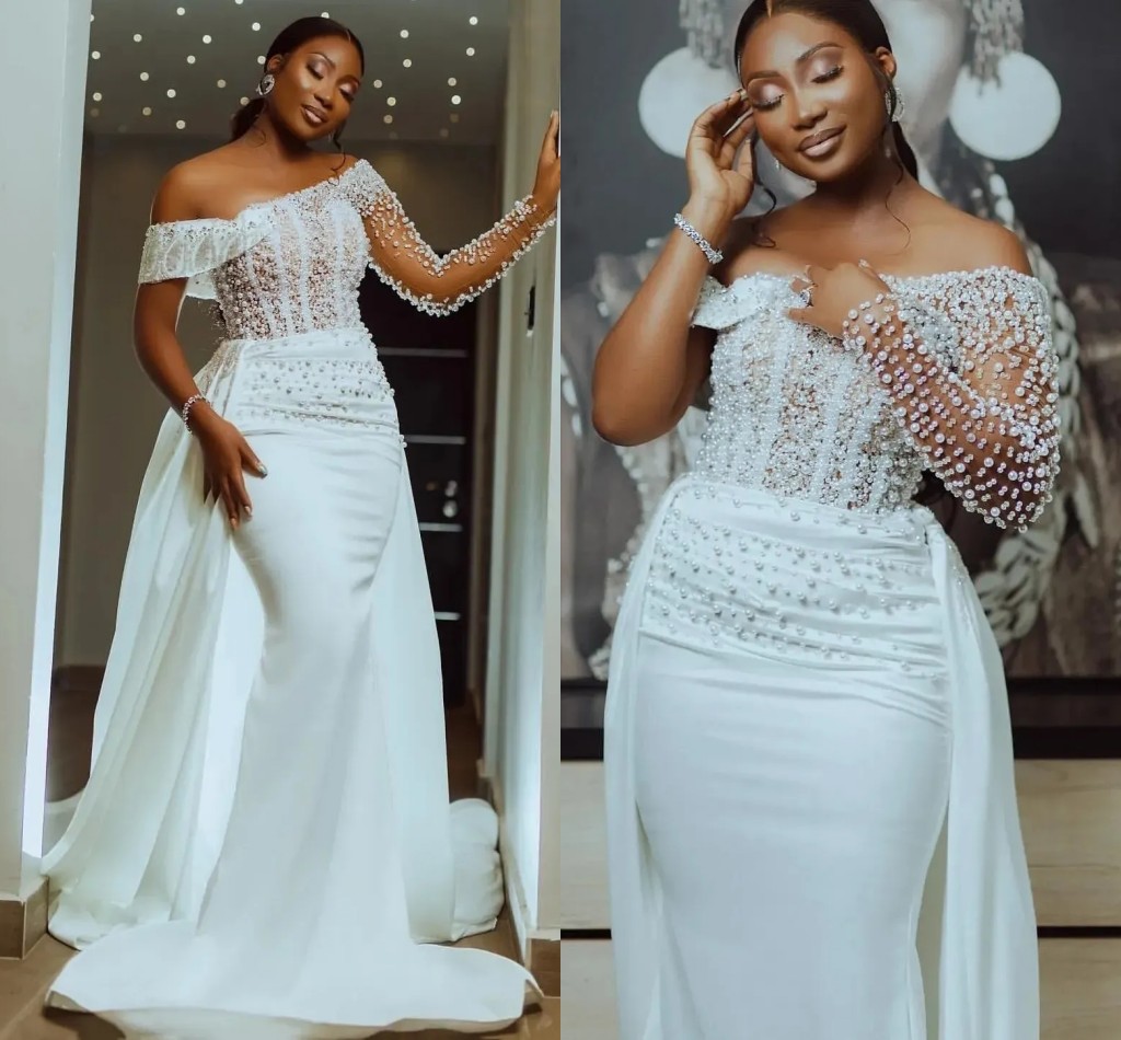 2025 Elegant New Wedding Dress One Shoulder Full Sleeves Pearls Beads Satin Mermaid Bride Formal Gowns African Vestidos De Novia