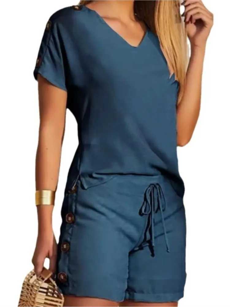 2024 Summer Women Buttoned V Neck Short Sve Casual Top And Drstring Design Shorts Set Fashion Solid Two Piece Sets FeXJ250106