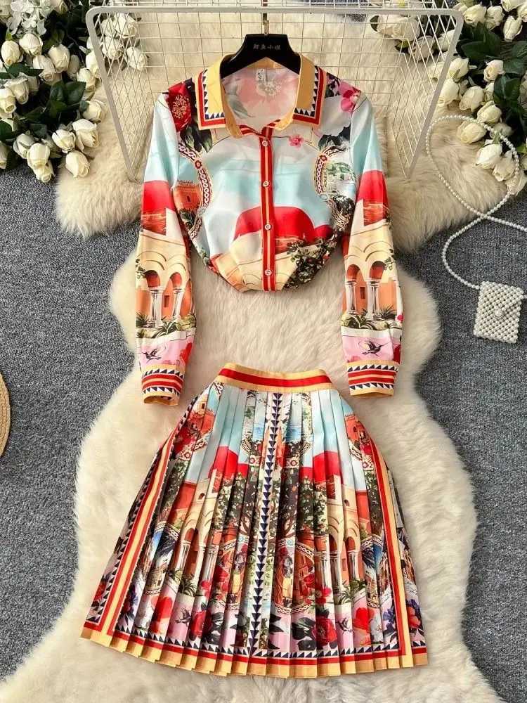 2025 Spring/Summer Womens Long Sve Collar Gorgeous Printed Shirt Top+High Waist Zipper Folding Mini Skirt 2-piece Set W250107