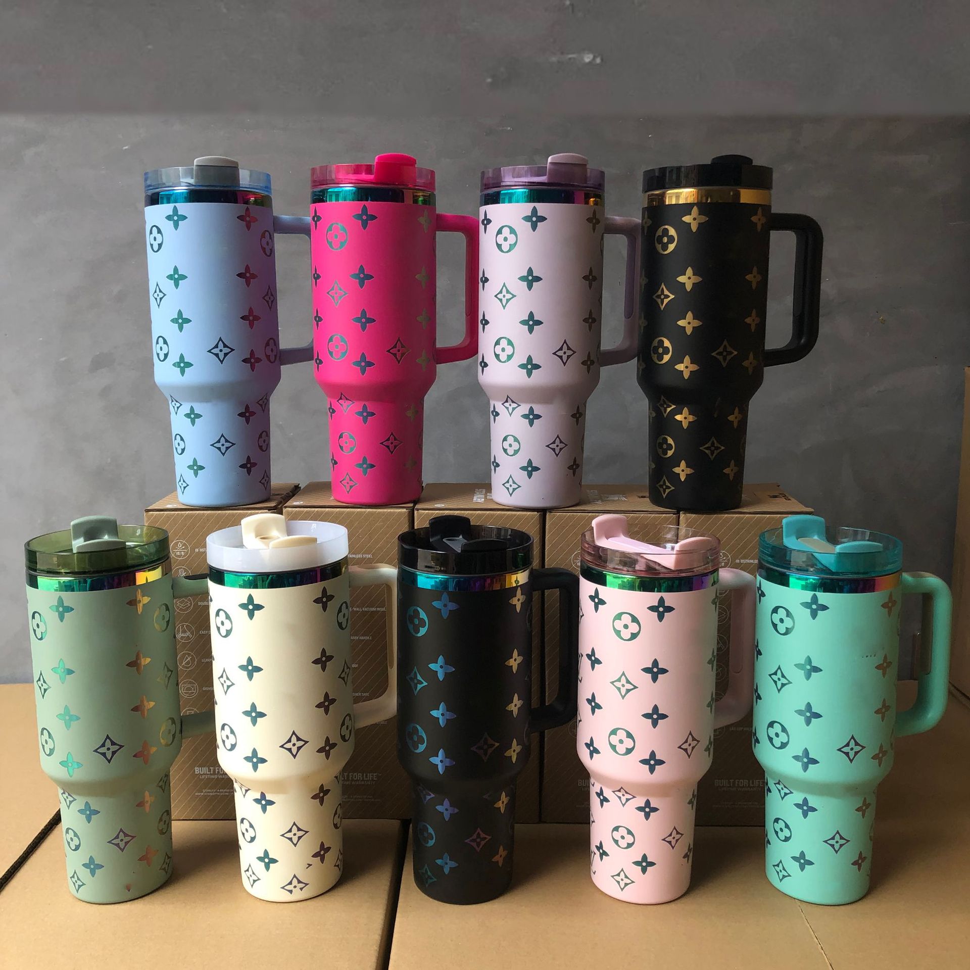US Stock Designer 40oz Cups With Handle Lid And Straw 304 Stainless Steel Tumbler Travel Car Mugs Outdoor Water Bottles 0107