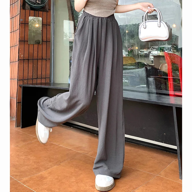 Summer Women Sweet Colorful Ice Silk Pants Lady Baggy Versatile Elastic Straight Leg Trousers Female Wide Leg High Waisted Pants 250106