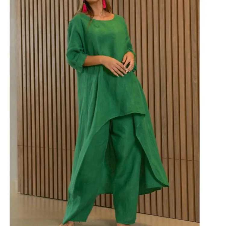 Womens Clothing Linen And Cotton Suit Long Sved Top Oversized Pants 2024 Informal Party Set Womens 2-piece SetXJ250106