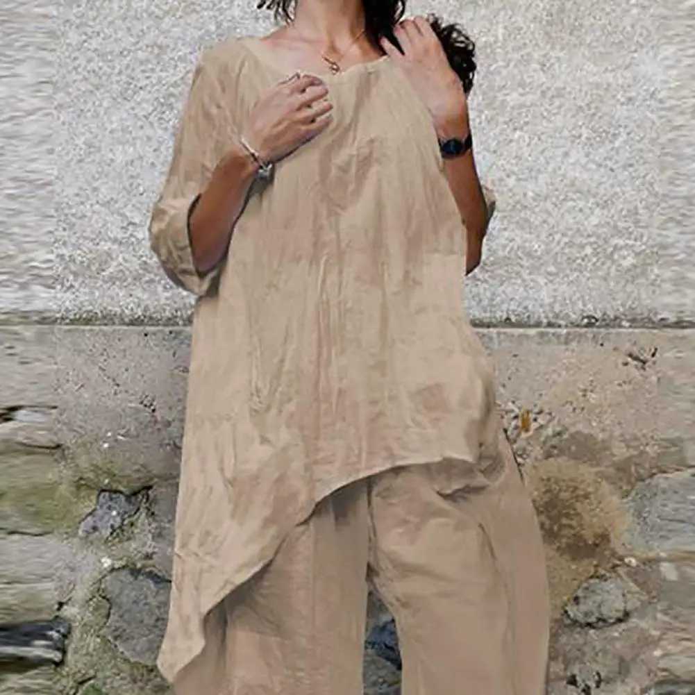 Two-Piece Set Women Outfit Shirts Pants Cotton Linen Solid Color Wide Leg Trousers Suit Women SummerXJ250106