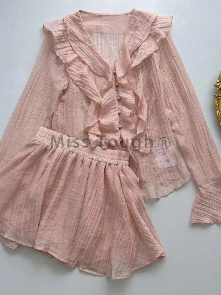 Fashion Sweet Slim V-neck 2-piece set for women elegant long sleeved pleated top for women with elastic waist and A-line dress 250106