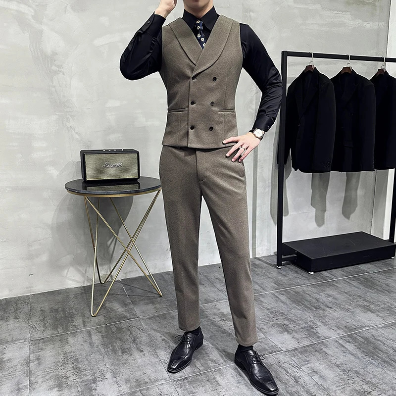 y DoubleBreasted Men Suit Vest Elegant Business Formal Slim Fit Male Waistcoat Wedding Groom Gentleman Vests Jacket Man 250107