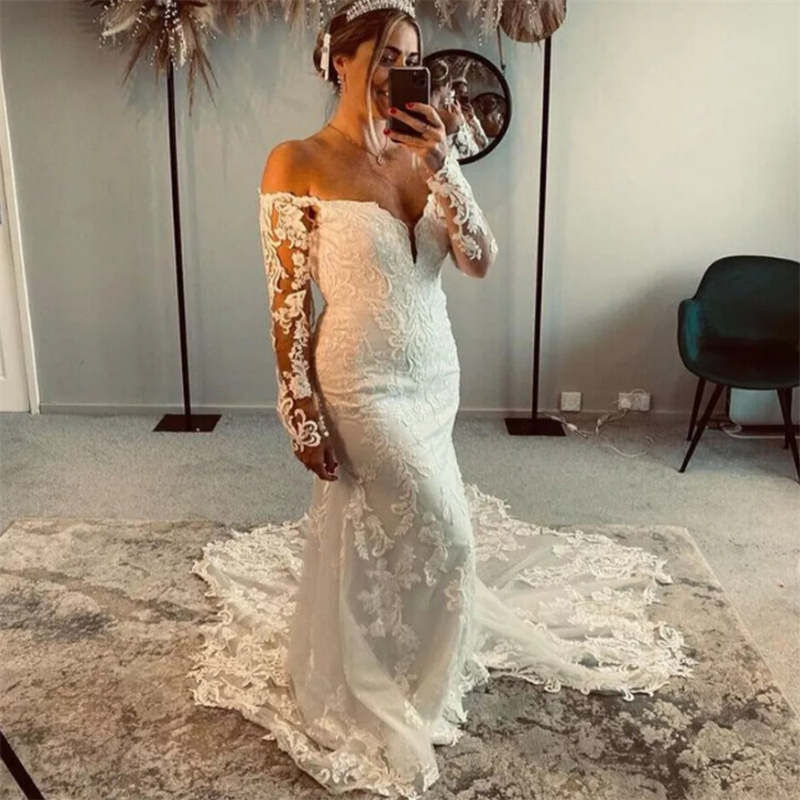 Plus Size Detachable Train Wedding Dress Curvy Off Shoulder Mermaid Bride Dress Long Sleeve Lace Rustic Country Civil Bridal Gowns Bespoke Vestio De N