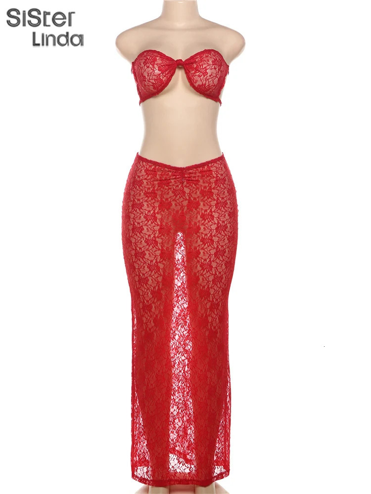 Sisterlinda Mesh Embroidery 2 Piece Set Women Sexy Bandage Wrap Chest TopsMaxi Skirts Female Matching Coquette Outfits 250106