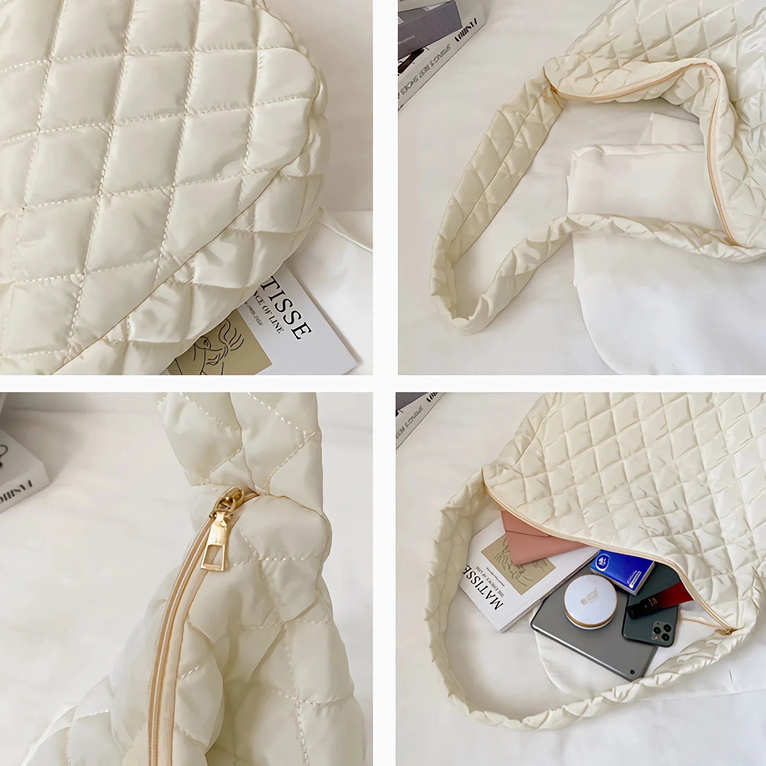 Large capacity bedding handbag lightweight warm in winter cotton padded plain shoulder bag womens underwear bag fluffy handbag 250106