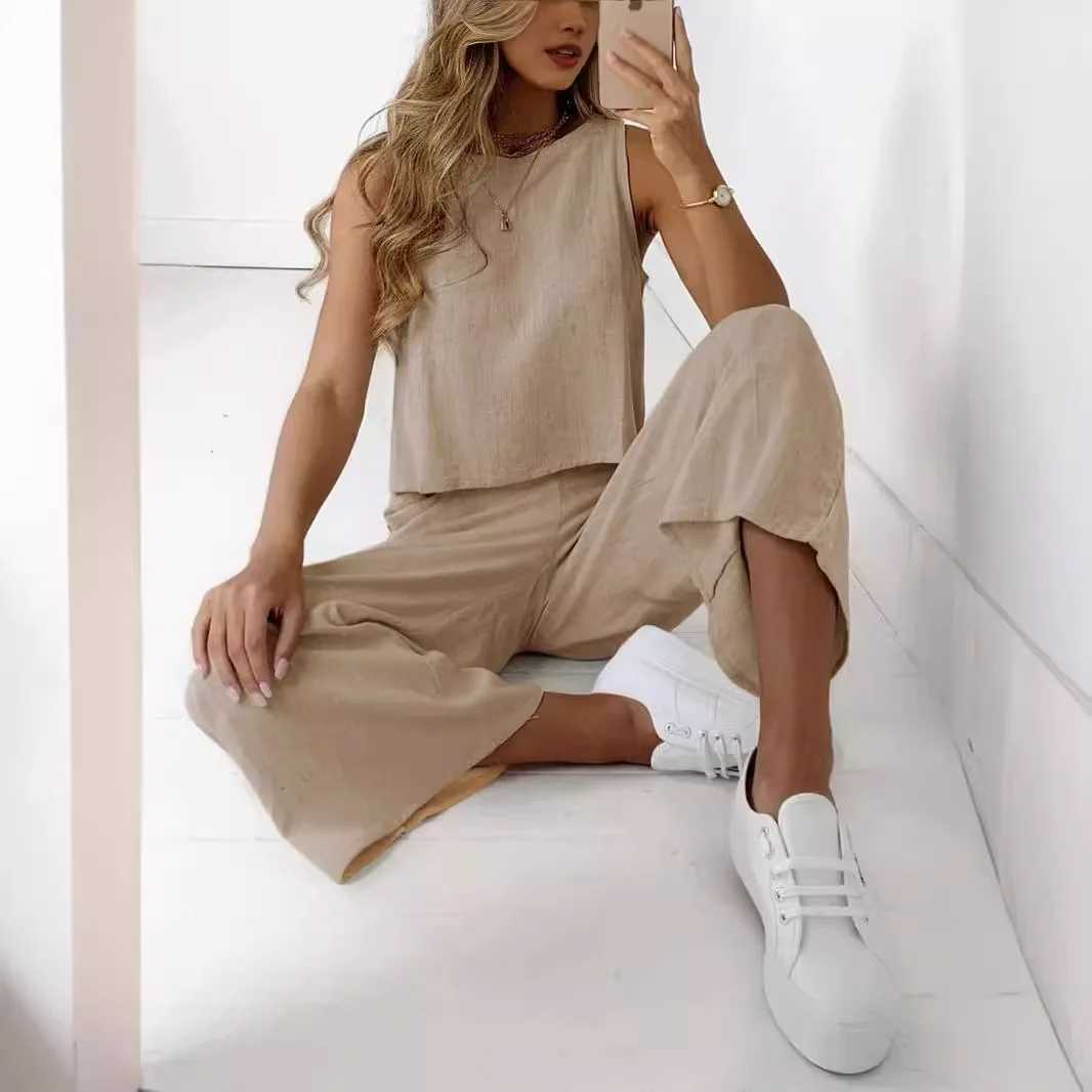 Womens New Cotton Linen Suit Summer Casual Sveless Round Neck Top Trousers Wide Leg Pants Two-piece Set For WomenXJ250106
