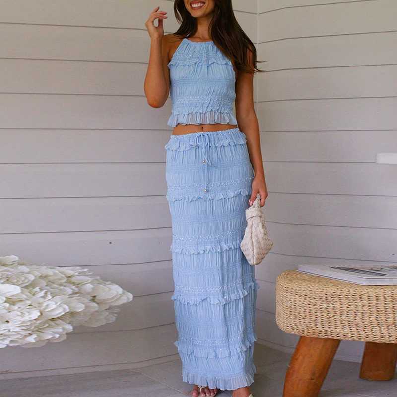 Women Summer Solid Beach Two Piece Sets 2025 Sexy Lady Halter Sveless Top and Skirt Outfit Fashion Backless Tank Holiday SuitXJ250106