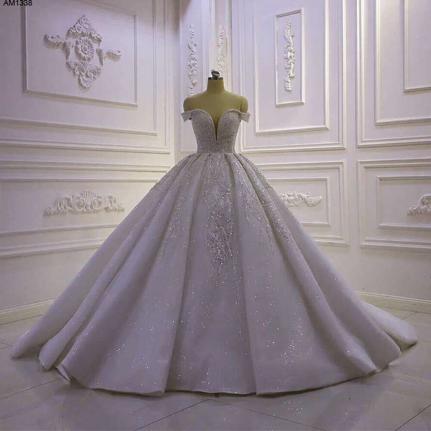 V-Neck Off The Shoulder Sequin Wedding Dress