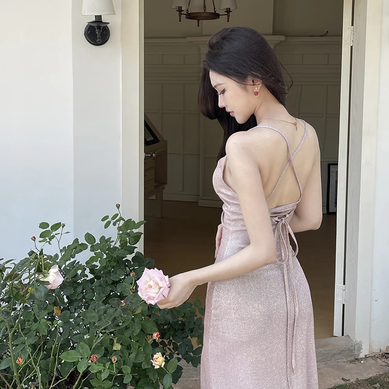 Sexy Solid Slip Suspenders Backless Dres 2024 Y2K Summer Elegant Slim Dress Strap Woman Evening Birthday Party 250103
