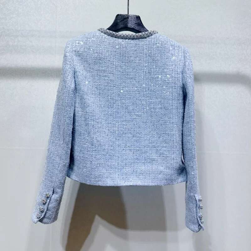 High Quality Small Fragrance Blue Coat Women O Neck Beaded Urious Shiny Long-Sleeved Office Sweet French Tweed Lady Jacket