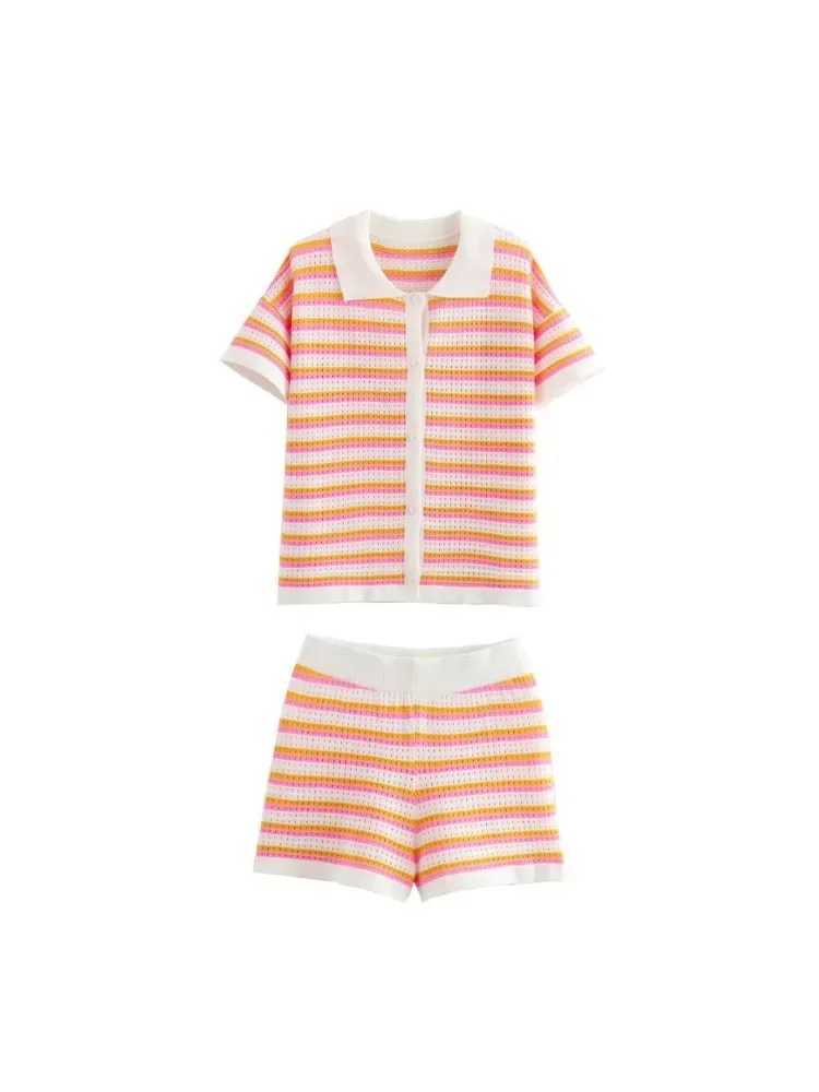 TR Chic Lapel Half Sves Top High Waist Short Set Women Stripe Printed Shirt Shorts Suit Fe Fashion Ladies Striped SuitXJ250106