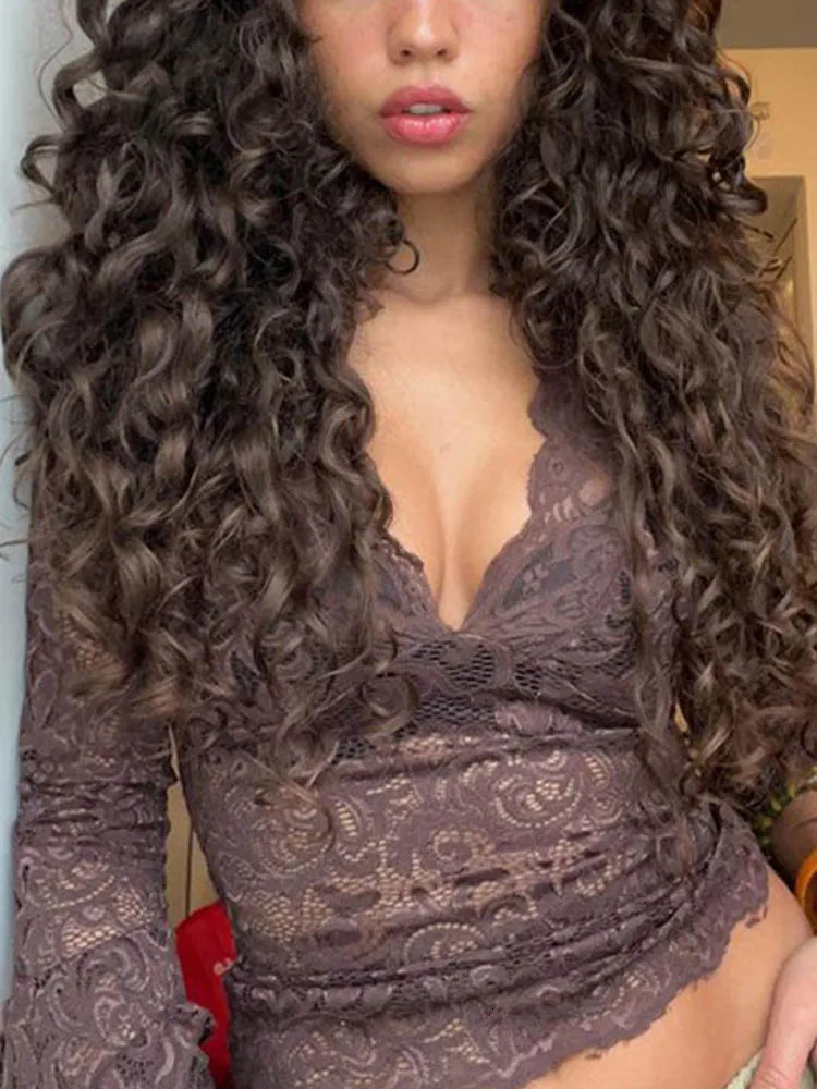 See Through V-neck Long Sleeve Lace Skinny Tops Outfits Women Summer Party Club T-Shirts Tees Club Party Clothes 250106