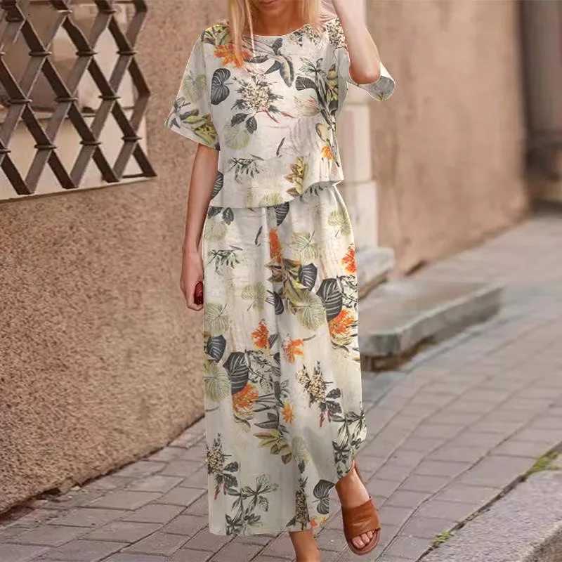 Summer Suit For Women Retro Printed Round Neck Cotton Linen Short-sved Casual Trousers Wide-leg Pants Two-piece SetXJ250106